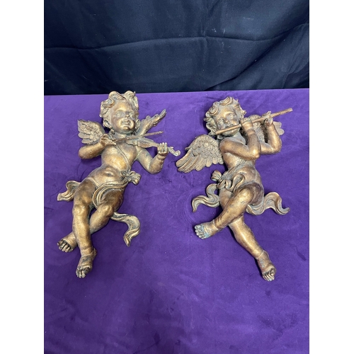 56 - Pair of gilded resin cherubs wall hangings 40cm