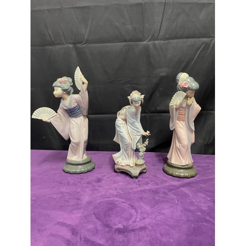 60 - Three vintage c1970/80's Lladro Japanese Ceramic Figures inc Madame Butterfly, Japanese Timid Girl  ... 