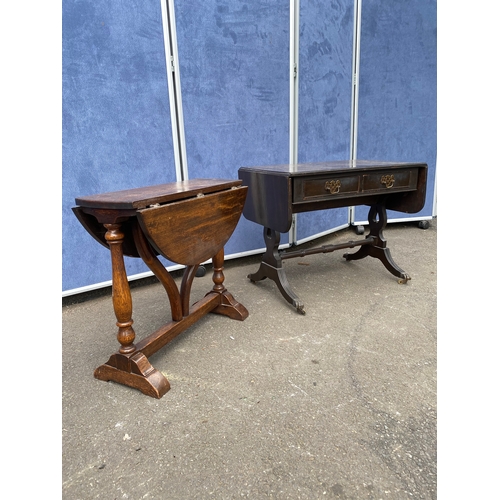 281 - A lot of two antique small dropleaf tables.  Ebonized Mahogany regency style (right) Oak oval drople... 