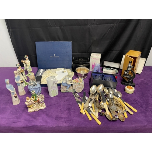 61 - Quantity of ceramics figures, Royal Worcester Plate / Pie Knife, Crystal , Glassware + others