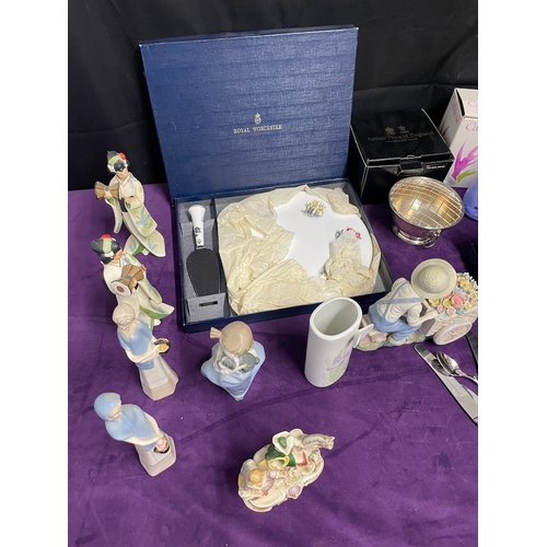 61 - Quantity of ceramics figures, Royal Worcester Plate / Pie Knife, Crystal , Glassware + others