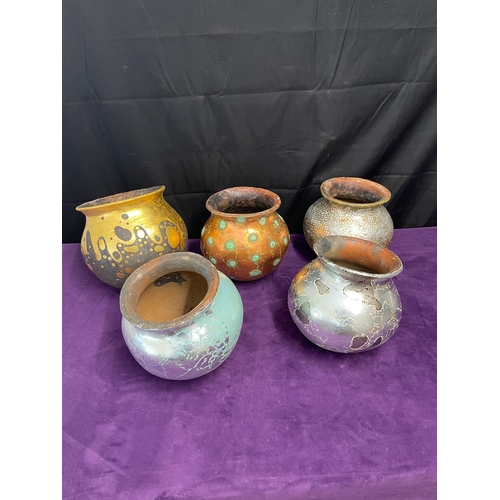 69 - Five Vintage Terracotta Bowls hand-painted in contemporary silver, gold , copper designs