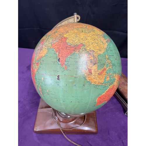 73 - Vintage Glass Replogle 10 Inch Library Globe, Vintage Leather Tube Holdall + vintage desk lamp