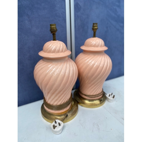 297 - Two Vintage regency style ceramic swirl pink table lamps