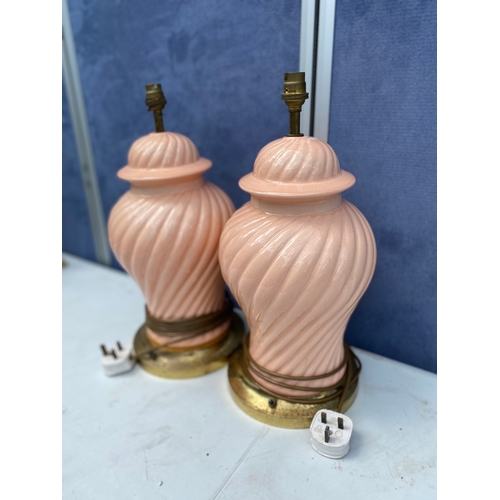 297 - Two Vintage regency style ceramic swirl pink table lamps