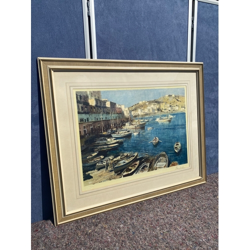 345 - Signed print of Mediterranean harbour published in 1960 by Frost and Reed Limited