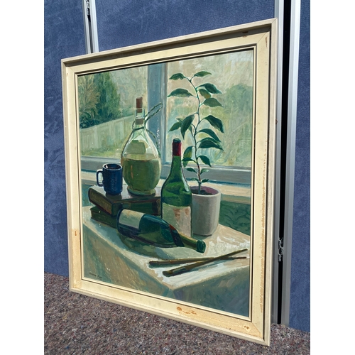 352 - Oil painting on board Still Life wine bottles by Helena Post