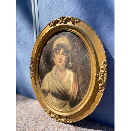 379 - Antique oil painting portrait of woman in gilt oval frame