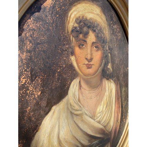 379 - Antique oil painting portrait of woman in gilt oval frame