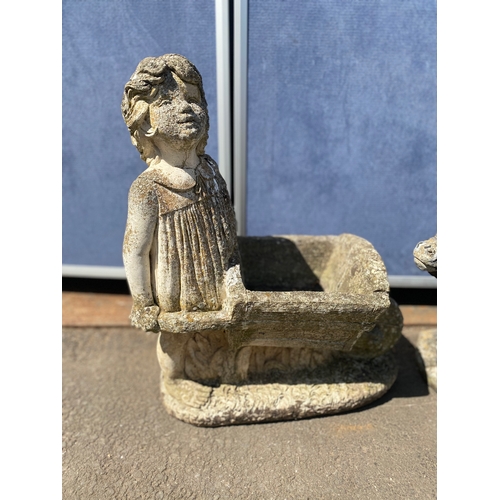 402 - Stone girl with wheel barrow and donkey pulling cart plant pots