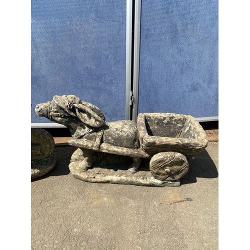 402 - Stone girl with wheel barrow and donkey pulling cart plant pots