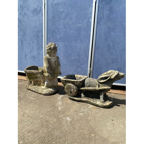 402 - Stone girl with wheel barrow and donkey pulling cart plant pots