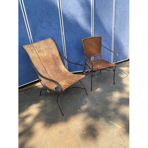 452 - Two interesting Mid century chairs 

Leather and wrought iron lounging armchair (Left)
Wrought Iron ... 