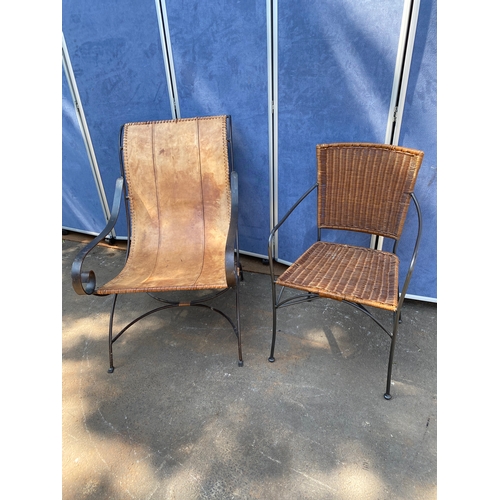 452 - Two interesting Mid century chairs 

Leather and wrought iron lounging armchair (Left)
Wrought Iron ... 