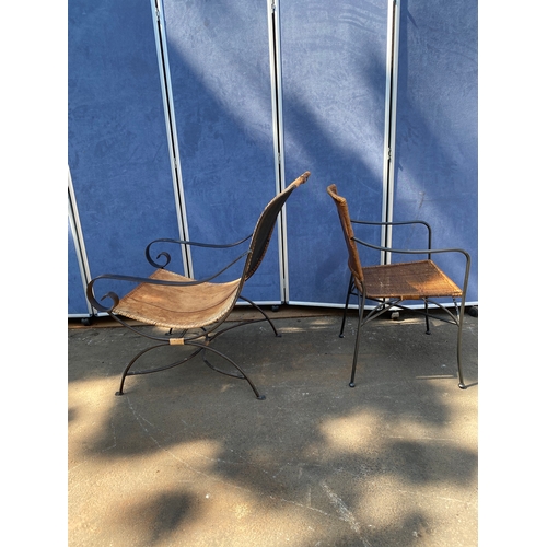 452 - Two interesting Mid century chairs 

Leather and wrought iron lounging armchair (Left)
Wrought Iron ... 