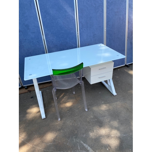 456 - Lovely modern glass top two drawer metal desk with Kartell Hi-Cut transparent and green chair by Phi... 