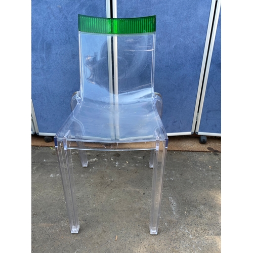 456 - Lovely modern glass top two drawer metal desk with Kartell Hi-Cut transparent and green chair by Phi... 