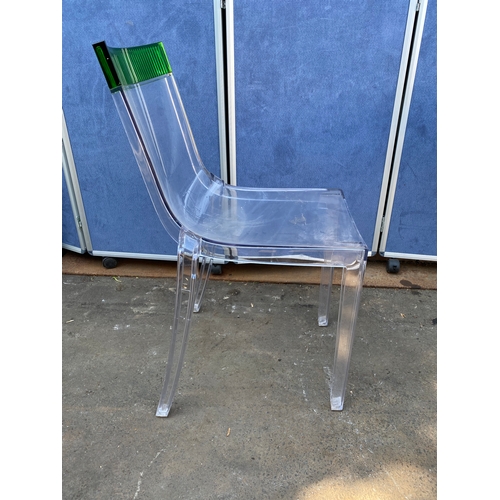 456 - Lovely modern glass top two drawer metal desk with Kartell Hi-Cut transparent and green chair by Phi... 