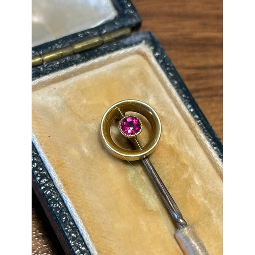 109 - Antique Ruby Inset Hair Pin 15ct yellow gold - Steel Bar