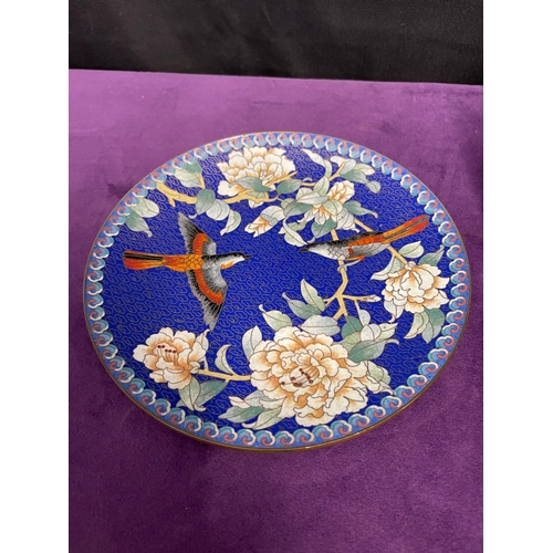 166 - Two lovely vintage Oriental Ching t'ai Ian Artist Workshop Cloisonné plates of birds + carved snuff ... 