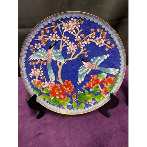 166 - Two lovely vintage Oriental Ching t'ai Ian Artist Workshop Cloisonné plates of birds + carved snuff ... 