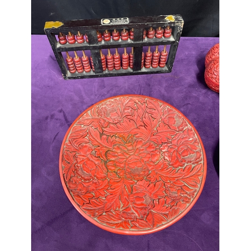 167 - Lots of three Chinese carved cinnabar lacquered carved dishes / box, Vintage Lotus Flower Brand Abac... 