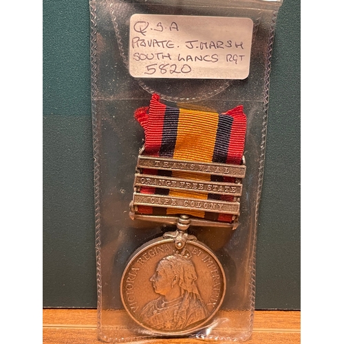 Queens South Africa Medal Private J Marsh South Lancs Regiment 5820 w/ 3 Clasps Transvaal / Orange Free State / Cape Colony