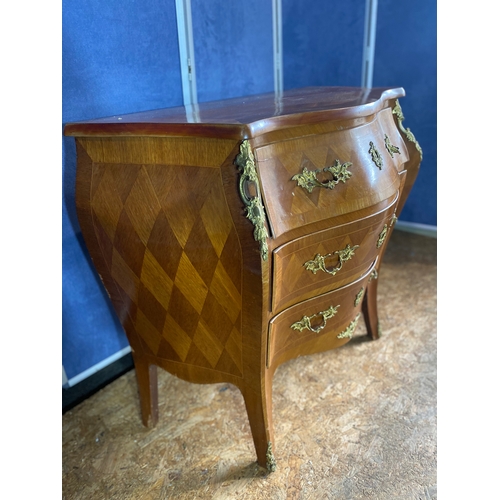 207 - Vintage French three drawer Bombe shaped chest of drawers with gilt and marquetry style

Dimensions ... 