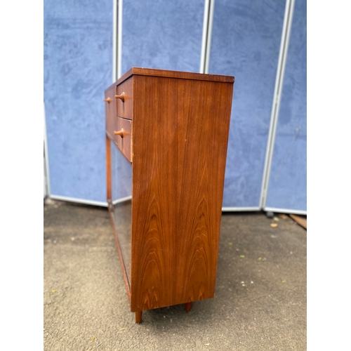 228 - Retro teak storage/ bookshelf unit with sliding glass doors and two drawers. 

Dimensions - 12