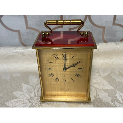 9 - Vintage 1970's Swiss Imhof Carriage Clock with Crimson Marble Enamel - 9cm x 7cm