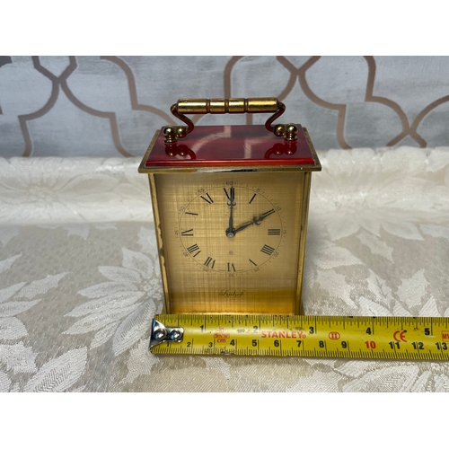 9 - Vintage 1970's Swiss Imhof Carriage Clock with Crimson Marble Enamel - 9cm x 7cm