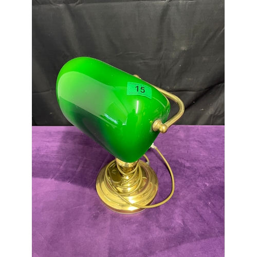 15 - Vintage Brass and Green Glass Bankers Lamp