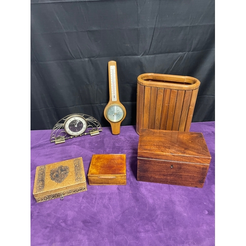 31 - Collection of wooden boxes, barometer, clock + others