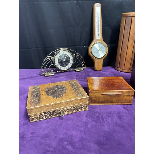 31 - Collection of wooden boxes, barometer, clock + others