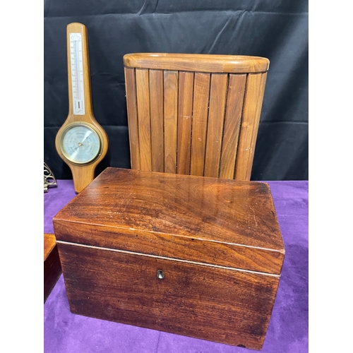 31 - Collection of wooden boxes, barometer, clock + others