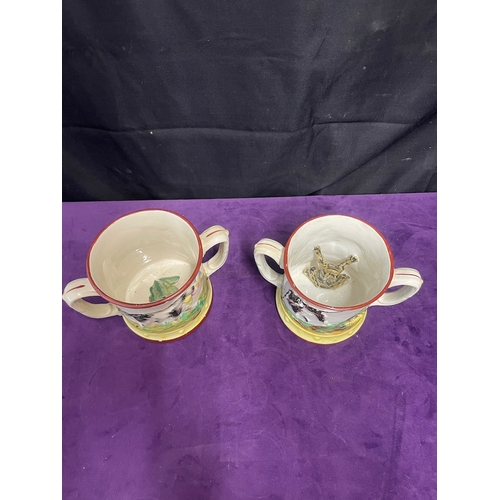 50 - Two large antique Loving cups with ceramic frogs  inside A/F