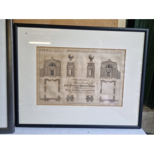 348 - Waterfall framed art print by M.C Escher and print of drawings for Royal hospital Greenwich.