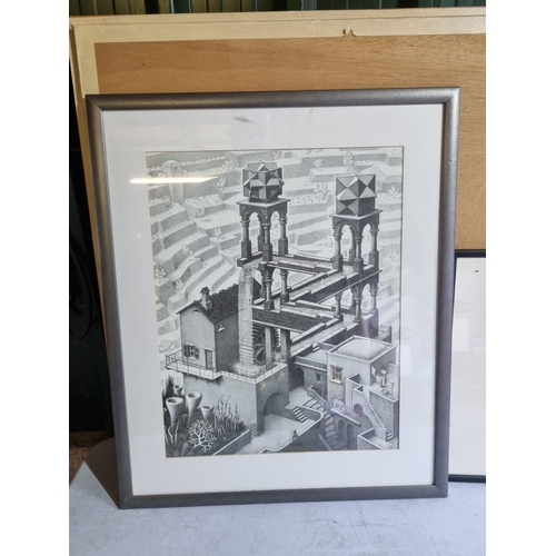 348 - Waterfall framed art print by M.C Escher and print of drawings for Royal hospital Greenwich.