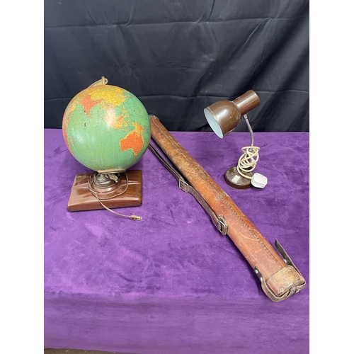 151 - Vintage Glass Replogle 10 Inch Library Globe, Vintage Leather Tube Holdall + vintage desk lamp