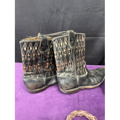 108 - Two pairs of vintage leather child's cowboy boots + whip