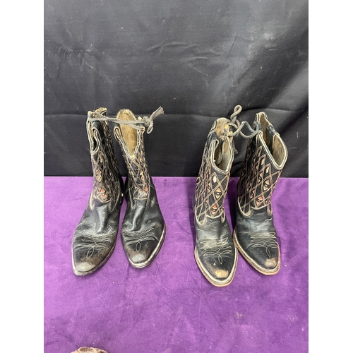 108 - Two pairs of vintage leather child's cowboy boots + whip