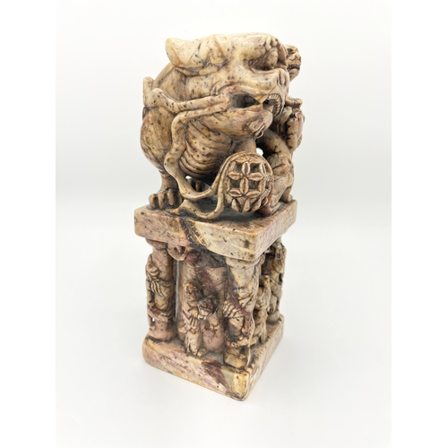 15 - Large 20th Century Chinese Carved Soapstone Seal, depicting family of Foo Dogs above oriental figure... 