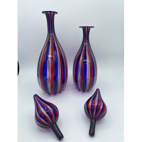 19 - A Pair of Vintage Striking Cobalt Blue, Red with Gold Speckle Linea Valentina Murano Glass Decanters... 