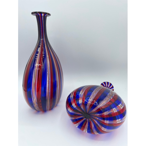 19 - A Pair of Vintage Striking Cobalt Blue, Red with Gold Speckle Linea Valentina Murano Glass Decanters... 