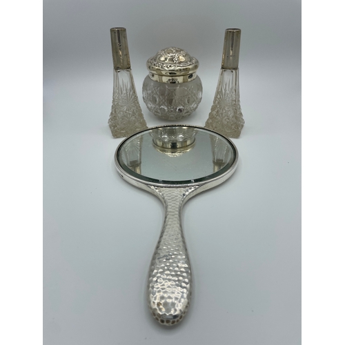 30 - Sterling Silver Vanity Hand Mirror + Silver Banded Glass Vessels + Two Silver Lidded Jars