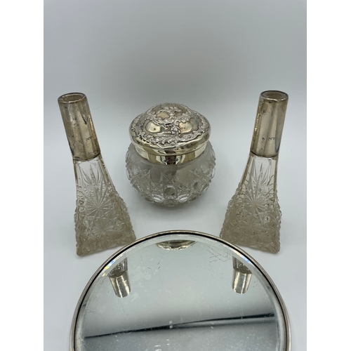 30 - Sterling Silver Vanity Hand Mirror + Silver Banded Glass Vessels + Two Silver Lidded Jars