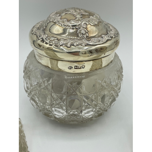 30 - Sterling Silver Vanity Hand Mirror + Silver Banded Glass Vessels + Two Silver Lidded Jars