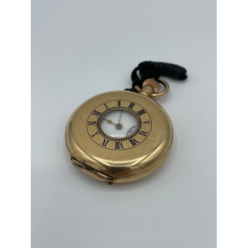 33 - 14ct Yellow Gold Plated Half Hunter American Waltham Traveller Pocket Watch with Monogram to rear