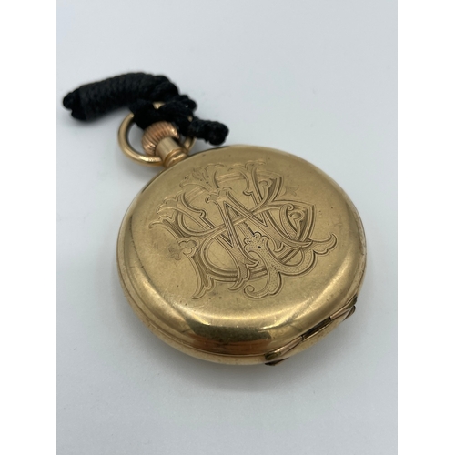 33 - 14ct Yellow Gold Plated Half Hunter American Waltham Traveller Pocket Watch with Monogram to rear