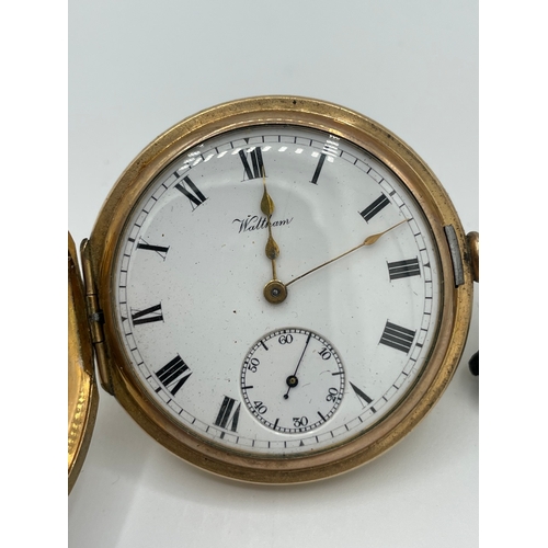 33 - 14ct Yellow Gold Plated Half Hunter American Waltham Traveller Pocket Watch with Monogram to rear